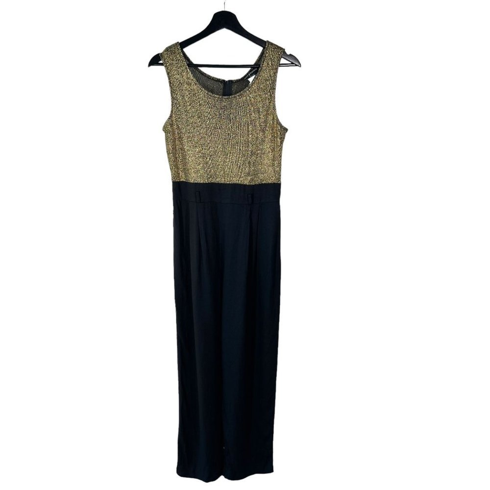 Vintage 90s Gold Lurex Black Sleeveless Flowy Leg Jumpsuit 8P